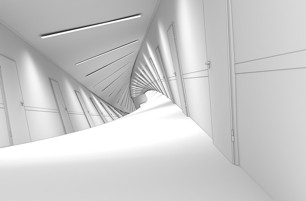 wizualizacja wnętrza długiego korytarza ilustracja 3D