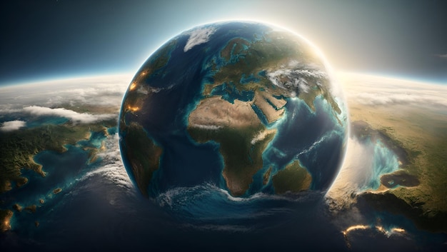 Wizualizacja Ziemi z jej kontynentami i oceanami wyraźnie widoczna oświetlona przez słońce