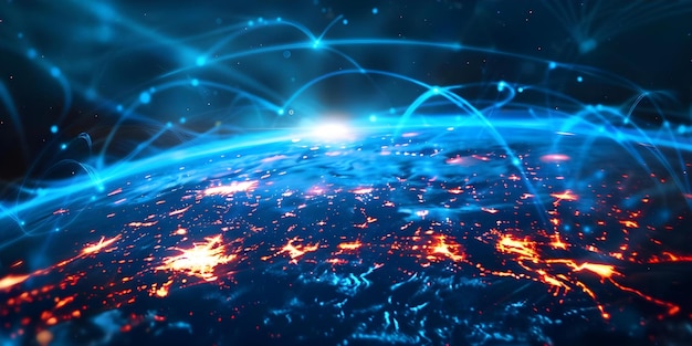 Wizualna reprezentacja globalnej sieci chmurowej demonstrująca połączone ze sobą centra danych na całym świecie Koncepcja globalna sieć chmurowa Połączone centra danych w całym świecie