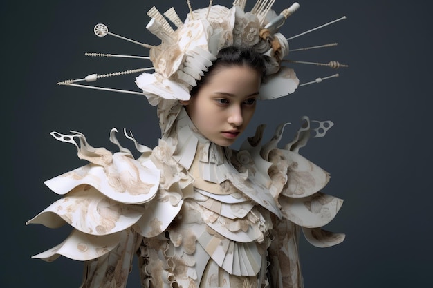 Wizualnie uderzający obraz przedstawiający kobietę w skomplikowanej sukience wykonanej całkowicie z papieru Wyobraźliwa odzież wykonana z niekonwencjonalnych materiałów AI generowana
