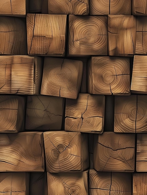 Zdjęcie wizualnie uderzający układ drewnianych sześcianów o skomplikowanych ziarnach i teksturach tworzących atrakcyjny abstrakcyjny projekt, który pokazuje piękno naturalnego drewna