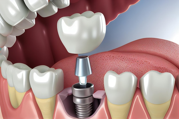 Wkręcanie implantu dentystycznego ilustracja leczenia jamy ustnej Generative AI