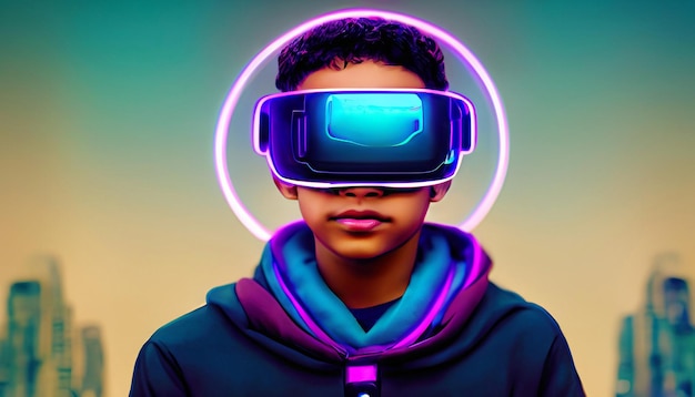 Wkrocz do królestwa Cyberpunk Zanurz się w ilustracjach 4K chłopca noszącego gogle VR w trybie Vibrant