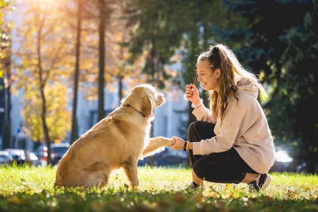 Właściciel bawi się w parku golden retriever