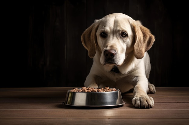 Właściciel karmiącego labrador retrievera granulami w środowisku domowym