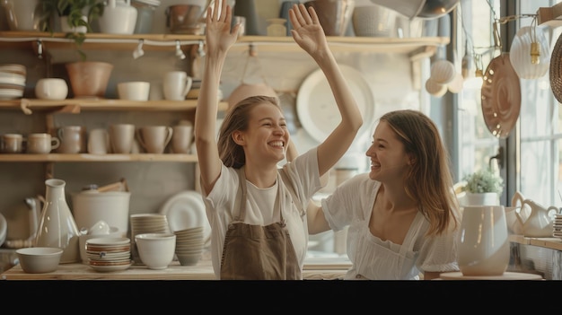Zdjęcie właściciele sklepów ceramicznych uśmiechają się do siebie podczas pracy w swoim sklepie wesołe kobiety ceramiki świętują swój sukces jako zespół szczęśliwe młode biznesmenki prowadzące kreatywny mały biznes