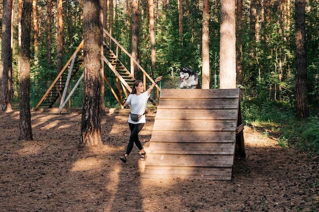 Właścicielka trenuje swojego husky, a przewodnik uczy psa przeskakiwania przez przeszkodę