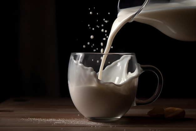Wlewanie mleka do szklanki na stole kuchennym Wygenerowano generatywną ai fotografii żywności