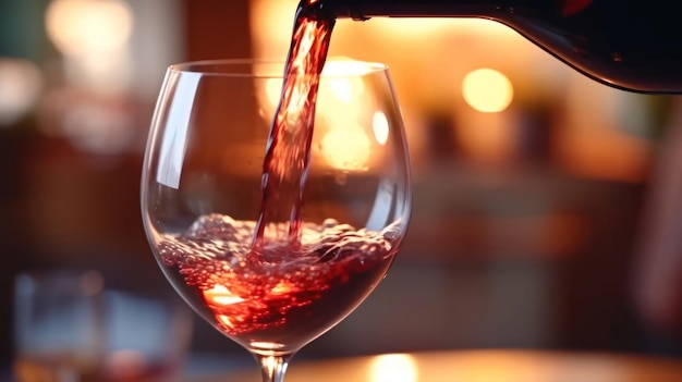 Wlewanie wina z butelki do szklanki na niewyraźne tło