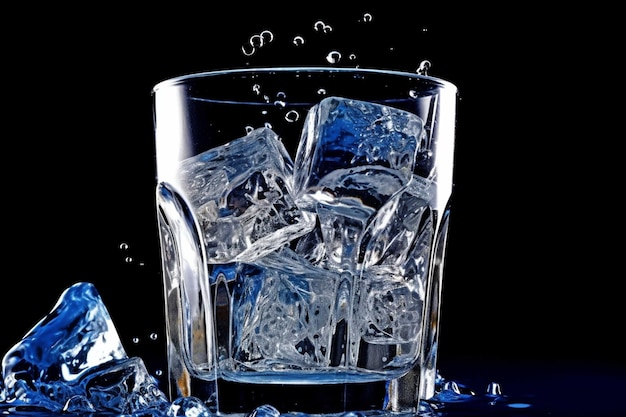 Wlewanie wody do szklanki z kostkami lodu na niebieskim tła zbliżeniu