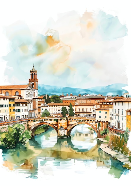Włochy Florencja Ponte Vecchio krajobraz akwarelowy szablon zaproszenia ślubnego