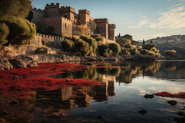 Włochy Zamek Caccamo średniowieczny zamek z widokiem na jezioro generatywne IA