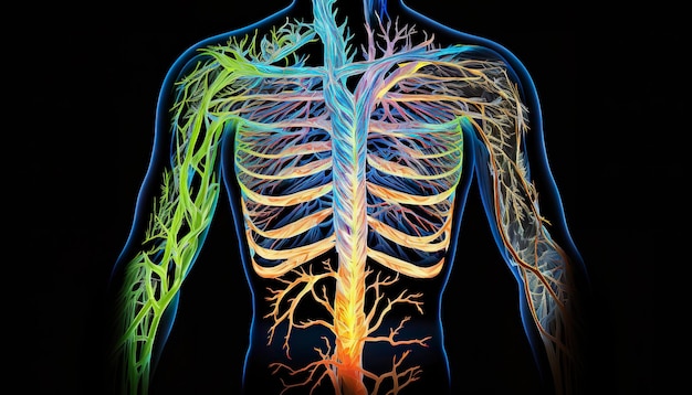 Włókna mięśni ciała Anatomica są widoczne rengen neon Kreatywna ilustracja Ai Generuj