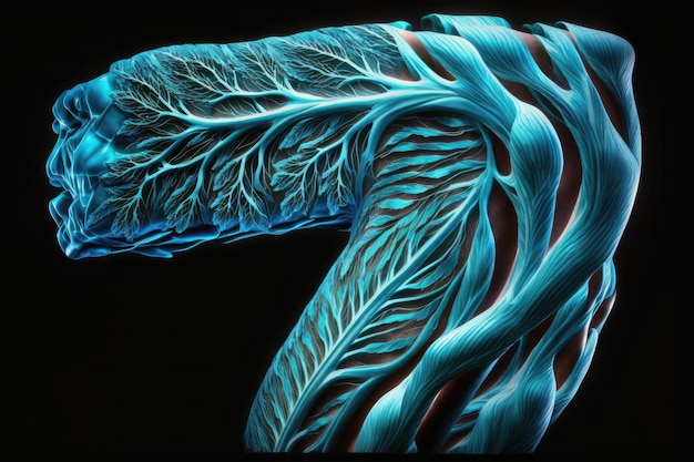 Włókna mięśniowe ramienia z żyłami i morskimi niebieskimi mięśniami utworzone za pomocą generatywnej ai