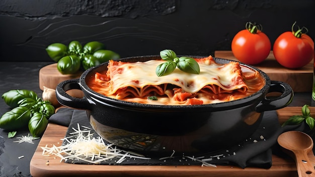 Włoska domowa zupa lasagna z mięsa wołowego, pomidorów, makaronów, bazylii, czosnku i sera