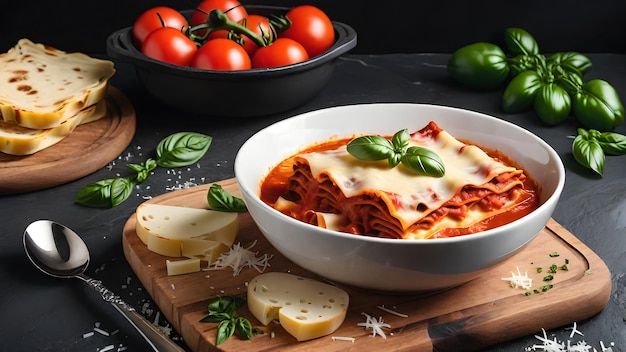 Włoska domowa zupa lasagna z mięsa wołowego, pomidorów, makaronów, bazylii, czosnku i sera