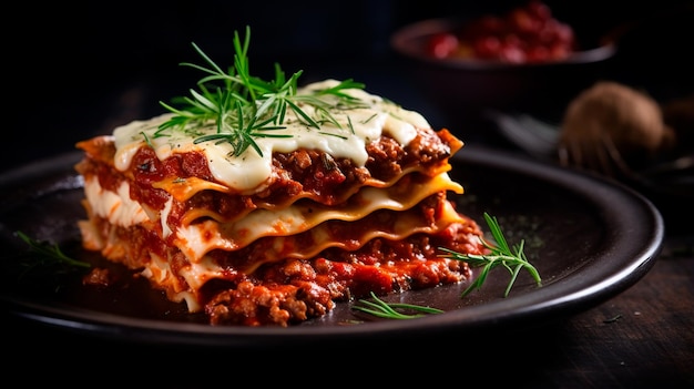 włoska lasagna bolognese z mięsem mielonym i mięsem mielonym na drewnianym stole