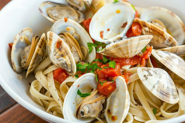 Zdjęcie włoska makaronowa perfekcja clam linguine z białym winem w sosie delight