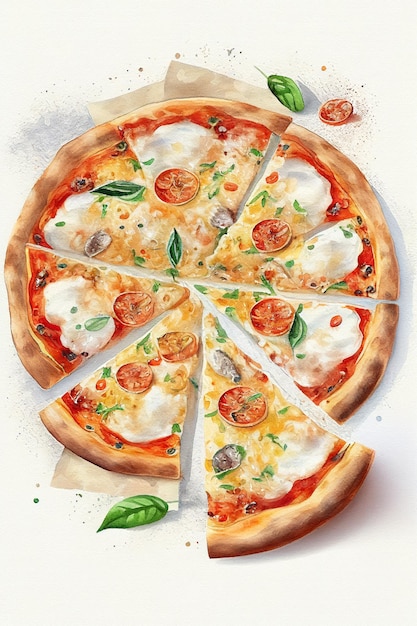 Włoska pizza Margherita na białym tle Ai generatywna akwarela ilustracja