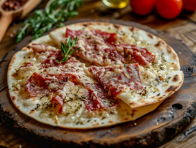 Zdjęcie włoska pizza z suchem mięsem, z ziołami i pomidorami na drewnianym talerzu