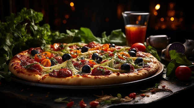 włoska pizza z świeżą bazylią na ciemnym drewnianym tle fast food