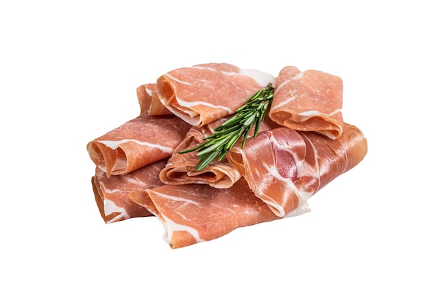 Włoska szynka parmeńska prosciutto crudo na stole Pojedynczo na białym tle