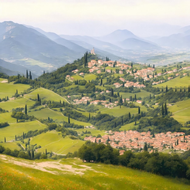 Włoski górski krajobraz z łąkami, domy generowane przez sztuczną inteligencję