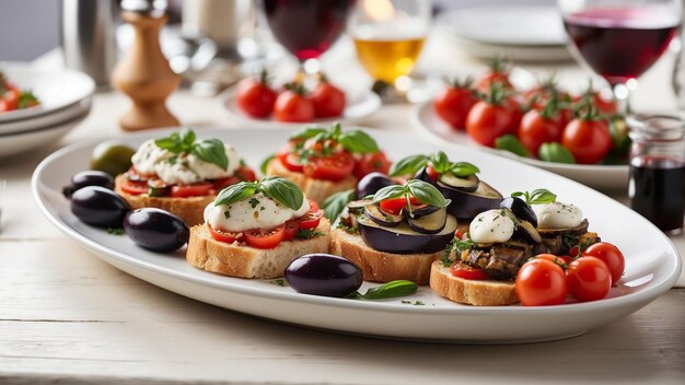 Włoski inspirowany talerz z warzywami na białym drewnianym stole w restauracji prezentuje klasyki takie jak capre