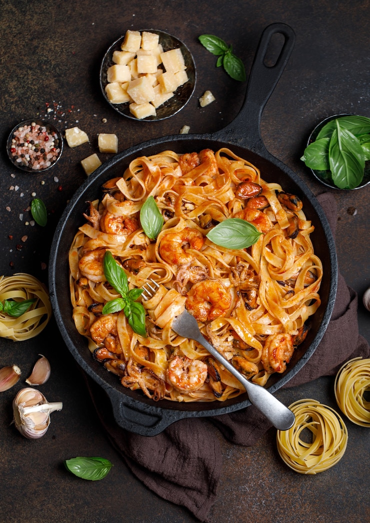 Zdjęcie włoski makaron fettuccine z owocami morza makaron z owocami morza z małżami