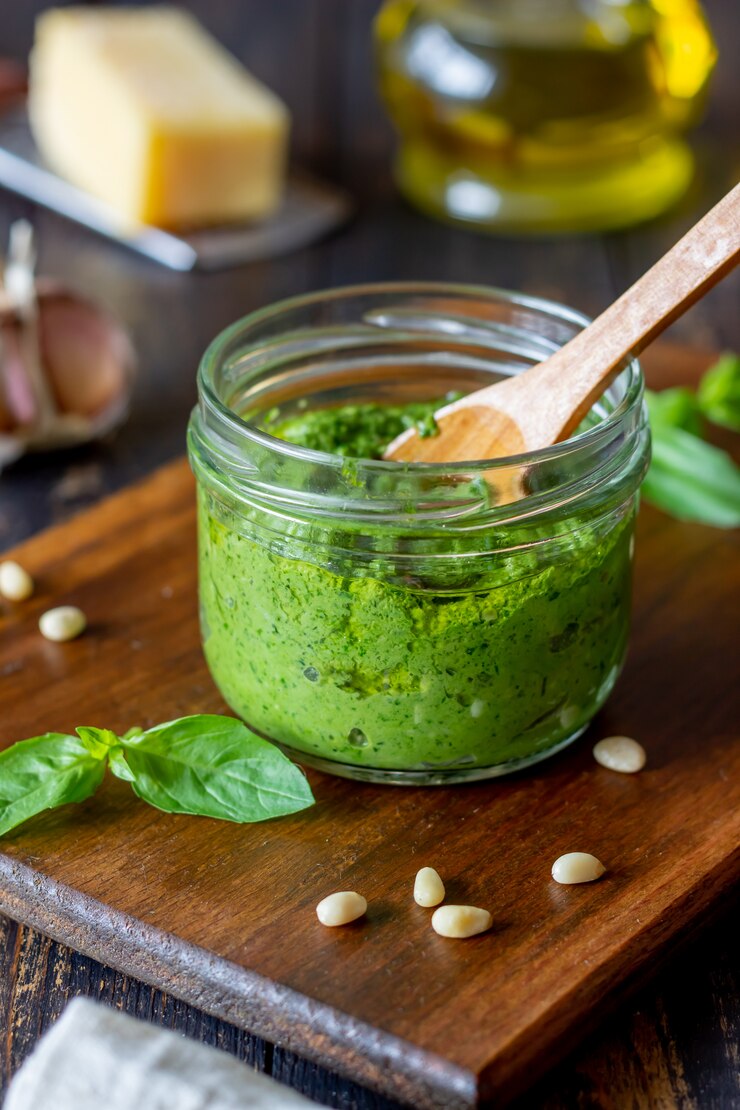 Włoski pesto sos na drewnianym stole. Kuchnia narodowa. Zdrowe odżywianie. Przepis.