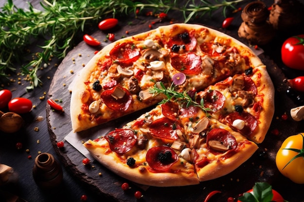 Włoski pomidor czarny kopiować plasterek kosmiczny ser pizza szybki tło jedzenie jedzenie posiłek generatywny AI