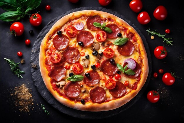 Włoski posiłek pomidor przestrzeń szybka czarna kopia ser jedzenie jedzenie tło pizza mięso generatywne AI