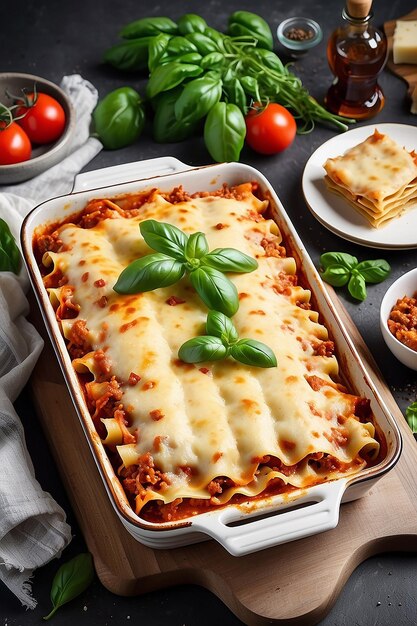 Zdjęcie włoskie danie z makaronem lasagne z mięsem mielonym i serem parmesanowymwłoskie danie z masłem lasagne z mięsem mielonym i serem parmesanem