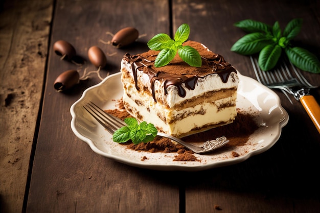 Włoskie desery Tiramisu są zazwyczaj podawane na białych talerzach z wybiórczym drewnianym tłem