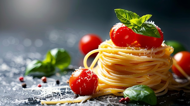Włoskie makarony spaghetti z pomidorami wiśniowymi, bazylią i parmesanem na ciemnym tle