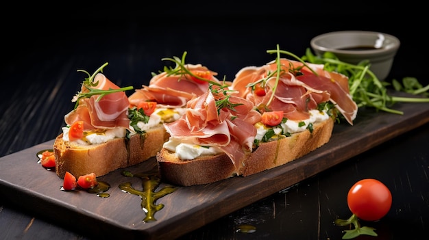 Włoskie prosciutto pomidorowe, szynka, bruschetta serowa, bruschetta Tapas antipasti z siekanymi warzywami, ziołami i oliwą na grillowanej ciabatcie i chlebie bagietkowym