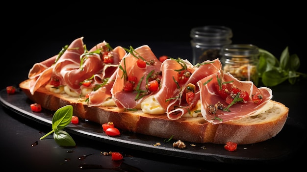 Włoskie prosciutto pomidorowe, szynka, bruschetta serowa, bruschetta Tapas antipasti z siekanymi warzywami, ziołami i oliwą na grillowanej ciabatcie i chlebie bagietkowym