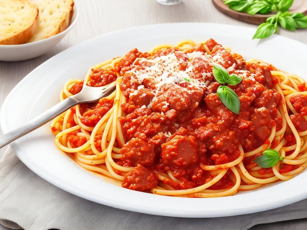Włoskie spaghetti bolognese z sosem pomidorowym i mięsem