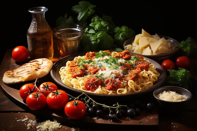Włoskie spaghetti z sosem pomidorowym, parmezanem i świeżą bazylią, makaron śródziemnomorski ze składnikami na stole