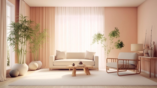 Wnętrza Zen z przyciętymi roślinami bambusowymi Wspólne wnętrze Plan koncepcja kolorowy nowoczesny salon pastelowe kolory kanapa Zasoby kreatywne AI wygenerowane