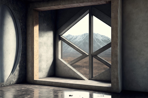 Wnętrze abstrakcyjnego szkła betonowego i drewna z oknem