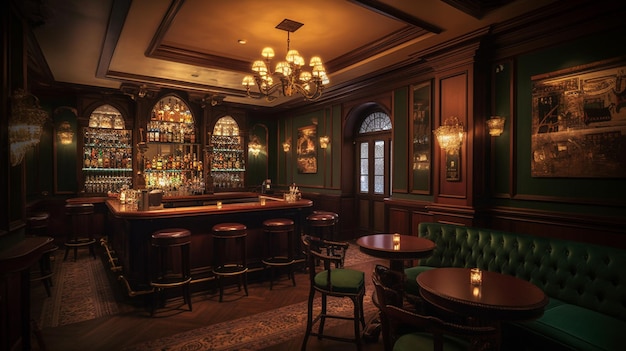 Wnętrze baru w stylu vintage z blatem barowym i krzesłami