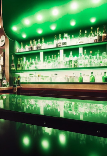 Wnętrze baru z neonowym wnętrzem baru z butelkami Skupiając się na blacie baru