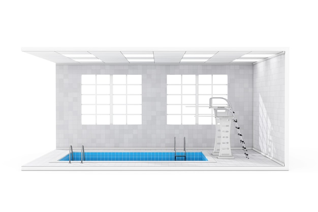 Wnętrze basenu wody z dużymi oknami, deskami skokowymi i basenem na białym tle. Renderowanie 3D