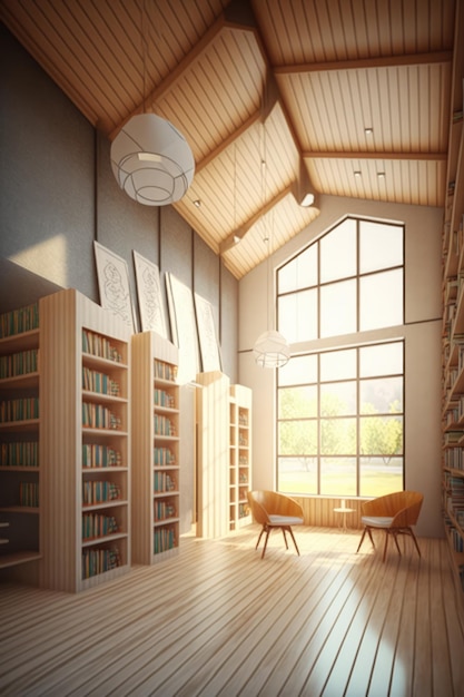 Wnętrze biblioteki z regałami, fotelami i oknem stworzone przy użyciu technologii generatywnej AI