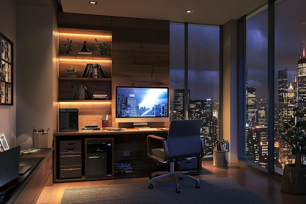 Wnętrze biura domowego z komputerem i fantastycznym widokiem na miasto z okna
