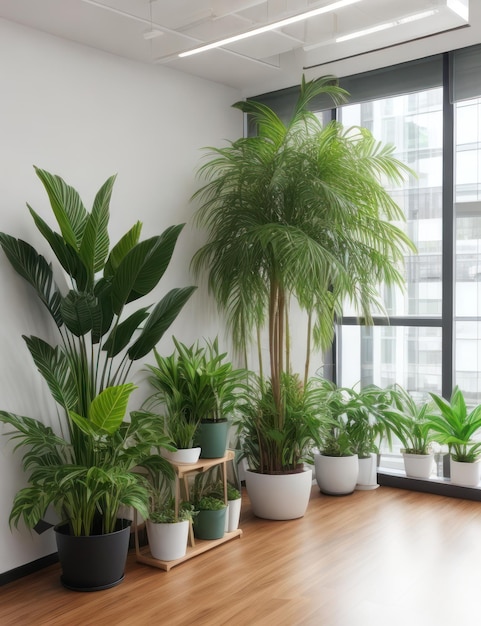 wnętrze biura ozdobione roślinami zapewniającymi świeże powietrze i dużo światła słonecznego bez ludzi