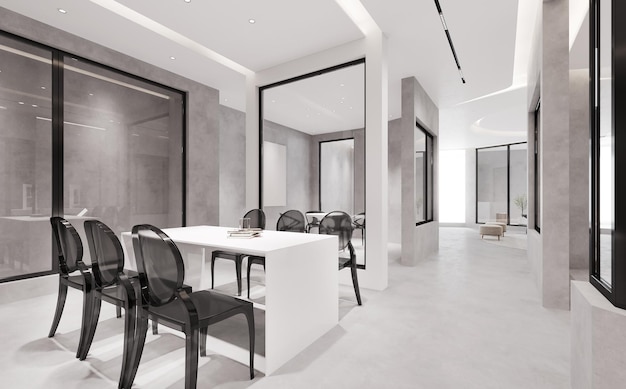 Wnętrze biura w nowoczesnym stylu, stół konferencyjny, czysty i biały odcień. Ilustracja 3D