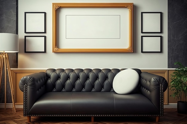 Wnętrze biura w stylu loftu z pustymi ramkami na zdjęcia i skórzaną sofą Generative AI