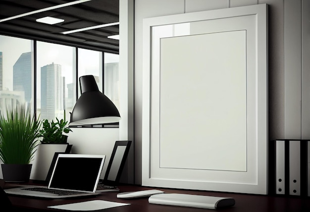 Wnętrze biura z plakatem makiety na renderowaniu 3d w miejscu pracy na ścianie